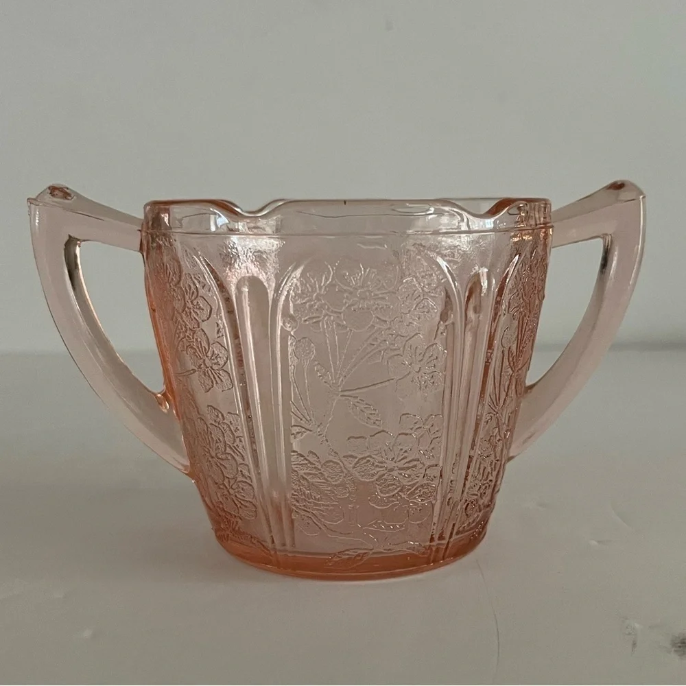 Vintage Pink Depression Glass Cherry Blossom Open Sugar